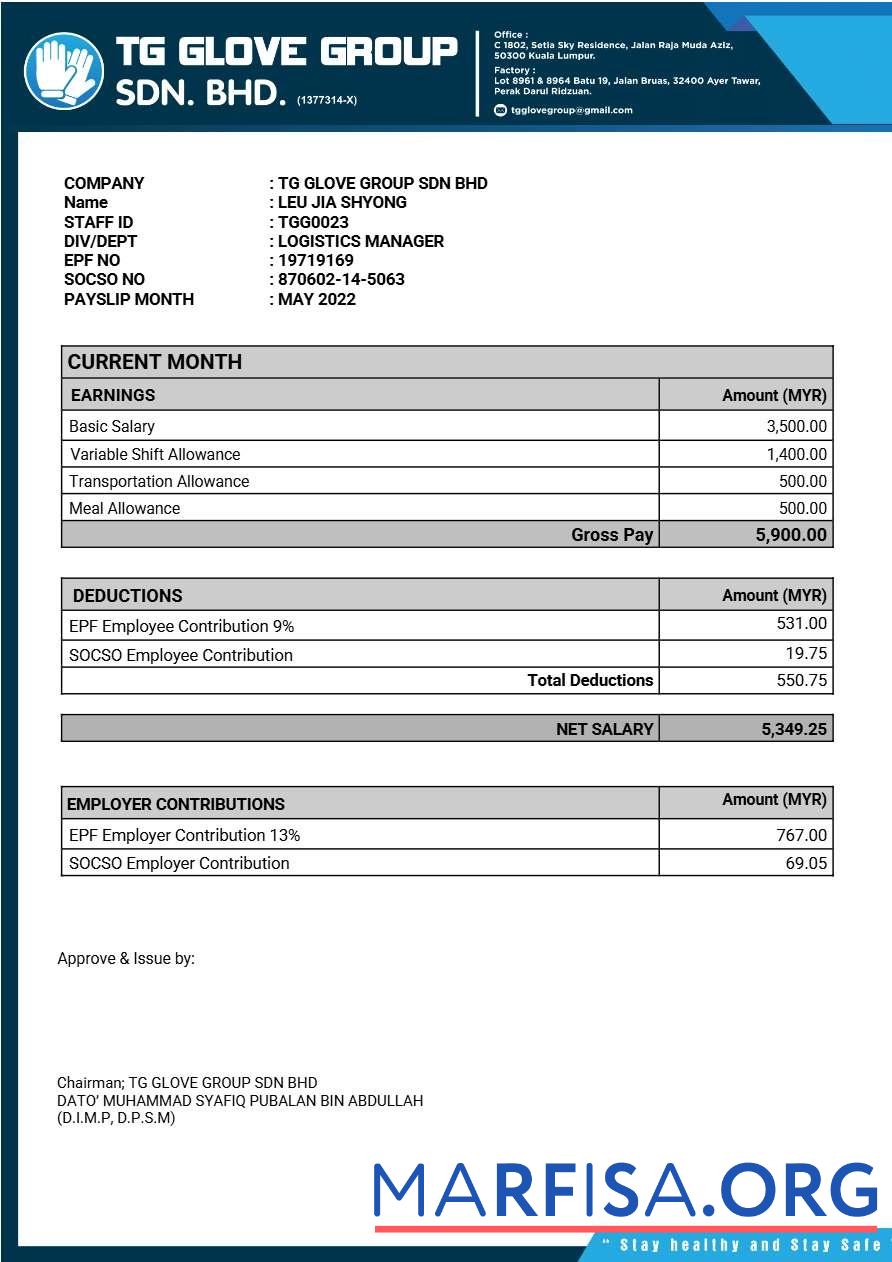 Downloadable TG Glove Group manufacture payslip download for verification